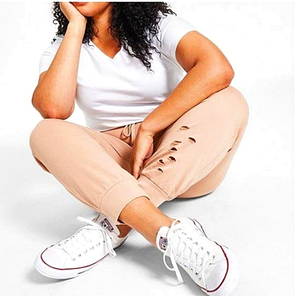 JOLIE & JOY TAN DRAWSTRING DISTRESSED JOGGERS NWT 🏷 SIZE XL